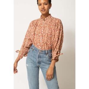 Notshy Cashmere Floral Ruffle Neck Blouse XS Pink Valley Print Button Top